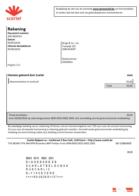 Belgium Scarlet business utility bill template in Word and PDF format
